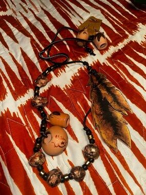 Boho Terracotta Bead and Feather Necklace